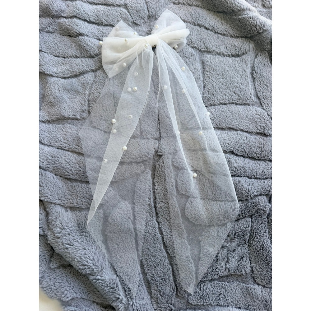 White Tulle Pearl Hair Bow Barrette Long Streamer Bridal Veil Clip Accessory